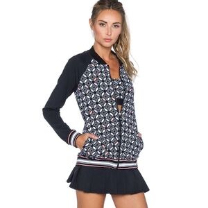 Trina Turk Recreation Black and Gray Geometric Print Workout Jacket